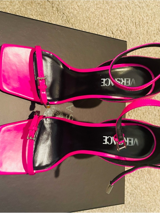 Versace Shoes - Versace Hot Pink Strappy Square-Toe Heeled Sandals